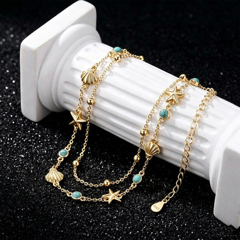 14K Gold Plated Turquoise Turtle Starfish Ocean Double Layered Anklet