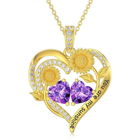 Double Birthstone Necklace 14K Gold Plated You Are My Sunshine Sunflower Necklace Heart Pendant Necklace