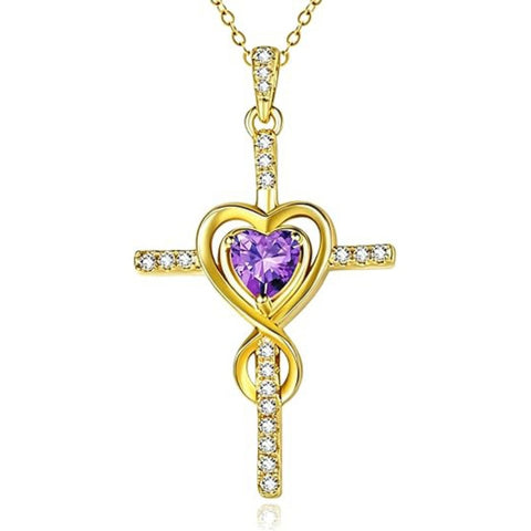 14K Gold Plated Dainty Heart Birthstone Pendant Cross Necklace for Women Religious Gift