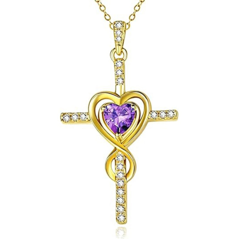 14K Gold Plated Dainty Heart Birthstone Pendant Cross Necklace for Women Religious Gift