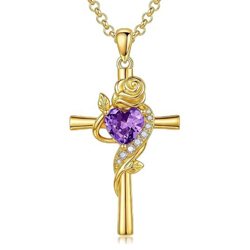 14K Gold Plated Birthstone Rose Cross Necklace for Women Faith Jewelry Gift