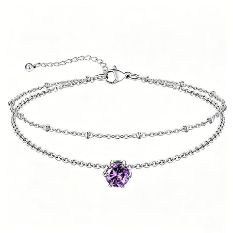 Sterling Silver  Round Birthstone Double Layer Charm Anklet