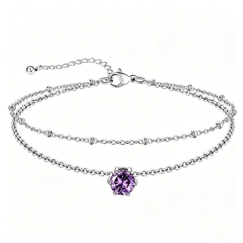 Sterling Silver  Round Birthstone Double Layer Charm Anklet