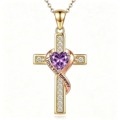 14K Gold Plated  Birthstone Cross Necklace Engraved I Love You Forever