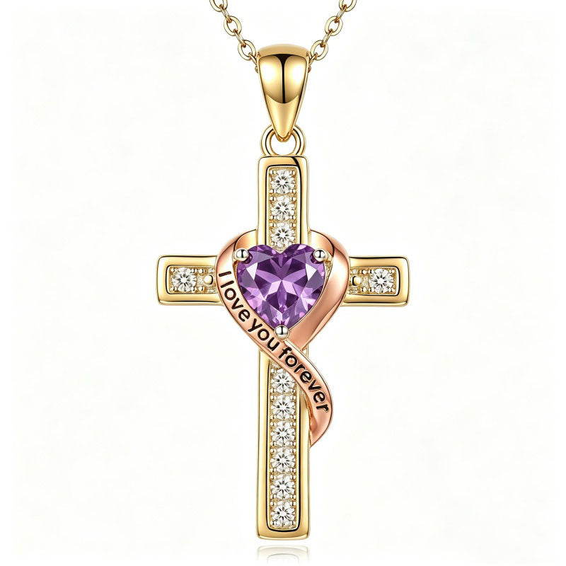 14K Gold Plated  Birthstone Cross Necklace Engraved I Love You Forever
