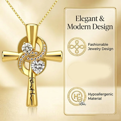 14K Gold Plated Dainty Heart Birthstone Pendant Cross Necklace for Women Religious Gift