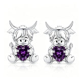 Sterling Silver 12 Month Birthstone Highland Cow Stud Earrings Christmas Gift