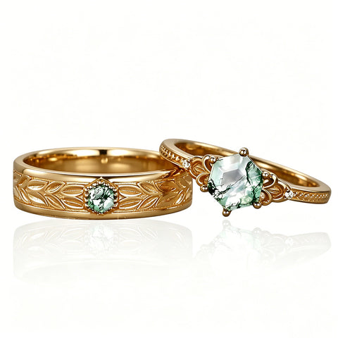 Sterling Silver 10K 14K 18K Gold Natural Leaf  Moss Agate Engagement Anniversary Couple Ring Sets