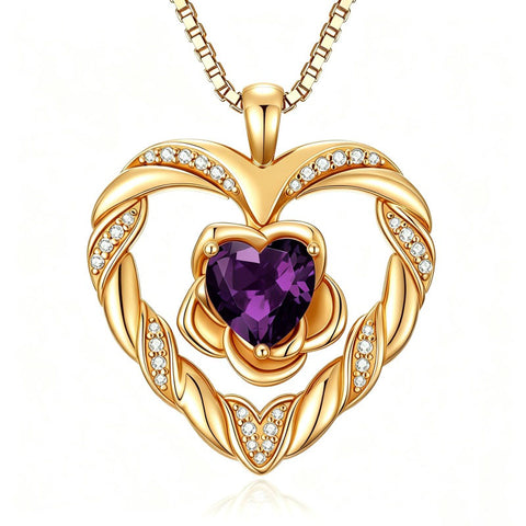 14K Gold Plated  Birthstone Rose Flower Heart Necklaces for Women  Birthday Christams Valentine's Day Jewelry Gift