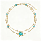 14K Gold Plated Turquoise Turtle Starfish Ocean Double Layered Anklet
