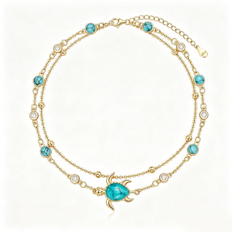 14K Gold Plated Turquoise Turtle Starfish Ocean Double Layered Anklet