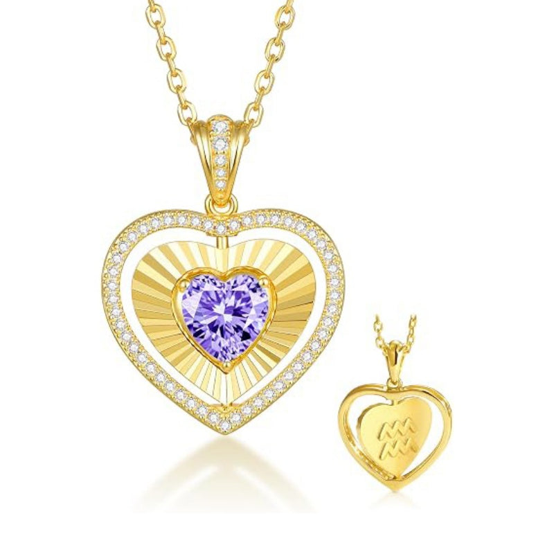 14K Gold  Plated Reversible Heart Birthstone Necklace with Zodiac Engraved Back Gifts for Women
