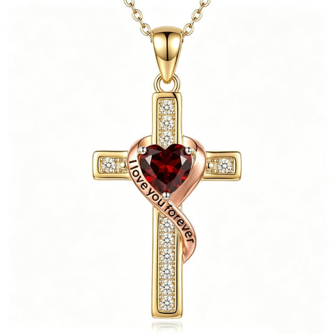 14K Gold Plated  Birthstone Cross Necklace Engraved I Love You Forever