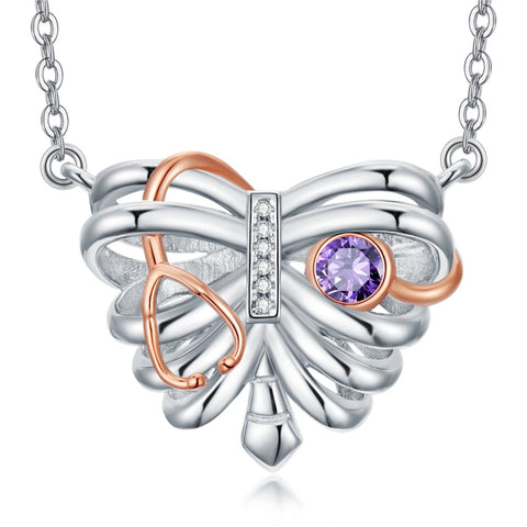 Sterling Silver Heart Rib Cage&Doctor Nurse  Stethoscope Medicine Themed Pendant Necklace