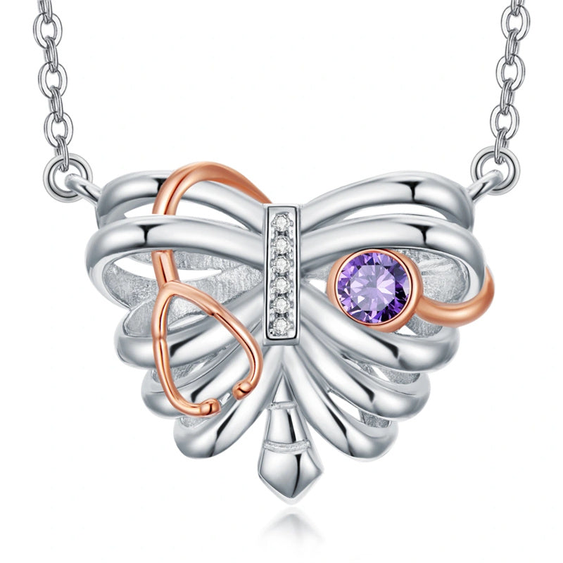 Sterling Silver Heart Rib Cage&Doctor Nurse  Stethoscope Medicine Themed Pendant Necklace