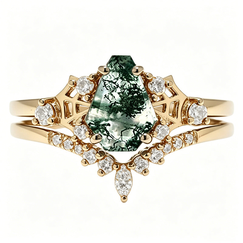 Sterling Silver 10K 14K  18K Gold Personalized Engraved Moss Agate Gothic Promise Wedding Engagement Black Ring Set