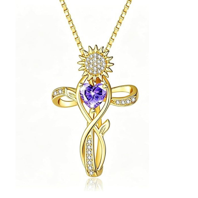 14K  Gold Plated 12 Color Birthstone Sunflower Cross Pendant  Necklace for Women Faith Cross Jewelry