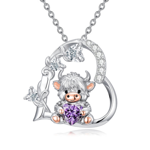 Sterling Silver Highland Cow Pendant Necklace Birthstone Necklace Gift for Women