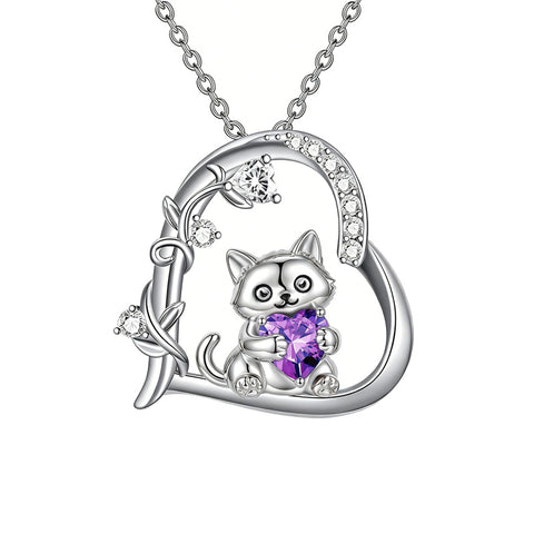 Sterling Silver Birthstone  Cat Pendant Necklace for Women