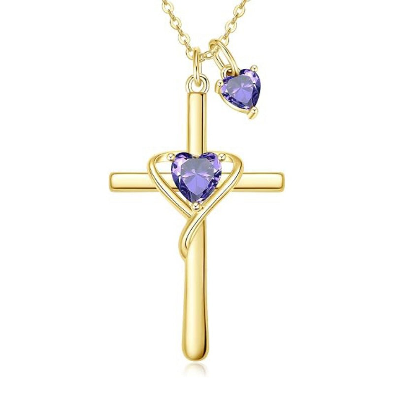 14K Gold Plated Birthstone Rose Cross Necklace for Women Faith Jewelry Gift