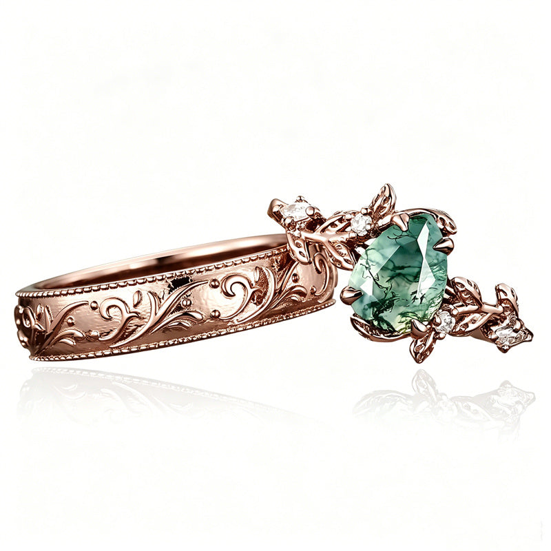 Sterling Silver 10K 14K 18K Gold Natural Leaf  Moss Agate Engagement Anniversary Couple Ring Sets