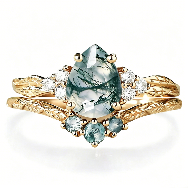 Sterling Silver 2CT Moss Agate  Engagement Wedding Ring Sets for Women