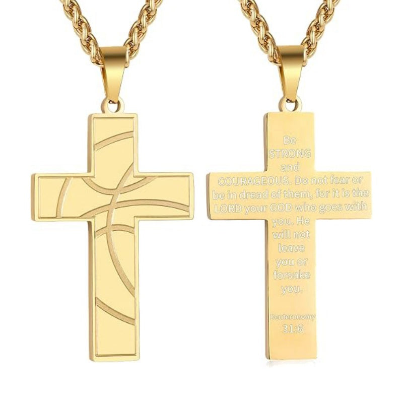 14K Gold Plated Bible Verse Basketball Cross Pendant Necklace for Men