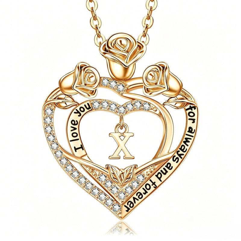 14K Gold Plated Rose Heart Initial Necklace Engraved with I Love You for Always and Forever  for Women