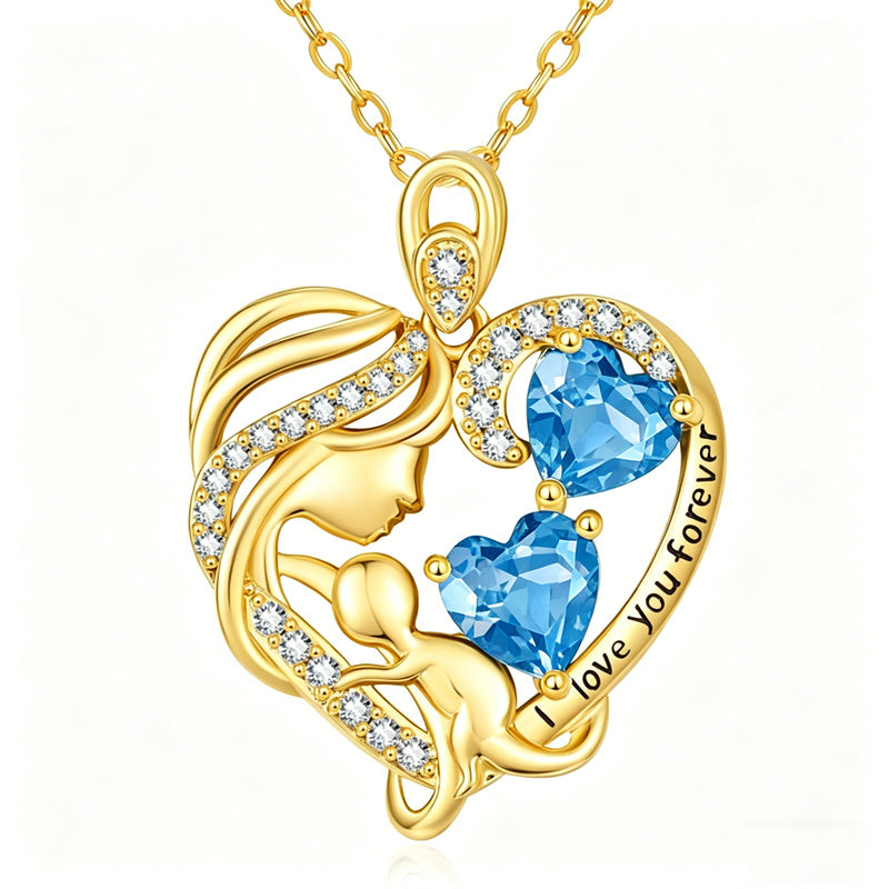 10K 14K 18K Gold Double Birthstone Heart Mother Son/Daughter Pendant Necklace for Mom