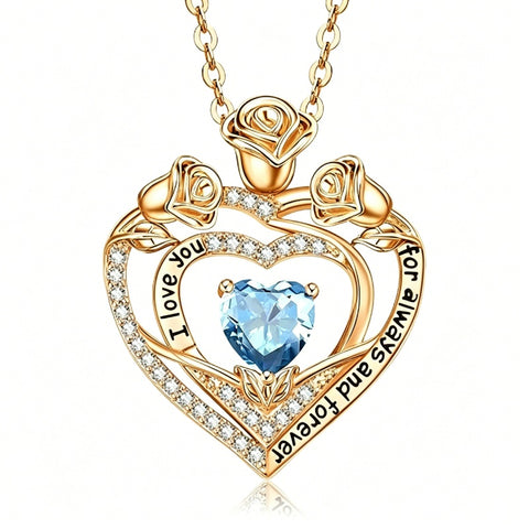 14K Gold Plated Rose Heart Birthstone Necklace for Women Engraved with I Love You for Always and Forever