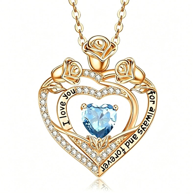 14K Gold Plated Rose Heart Birthstone Necklace for Women Engraved with I Love You for Always and Forever