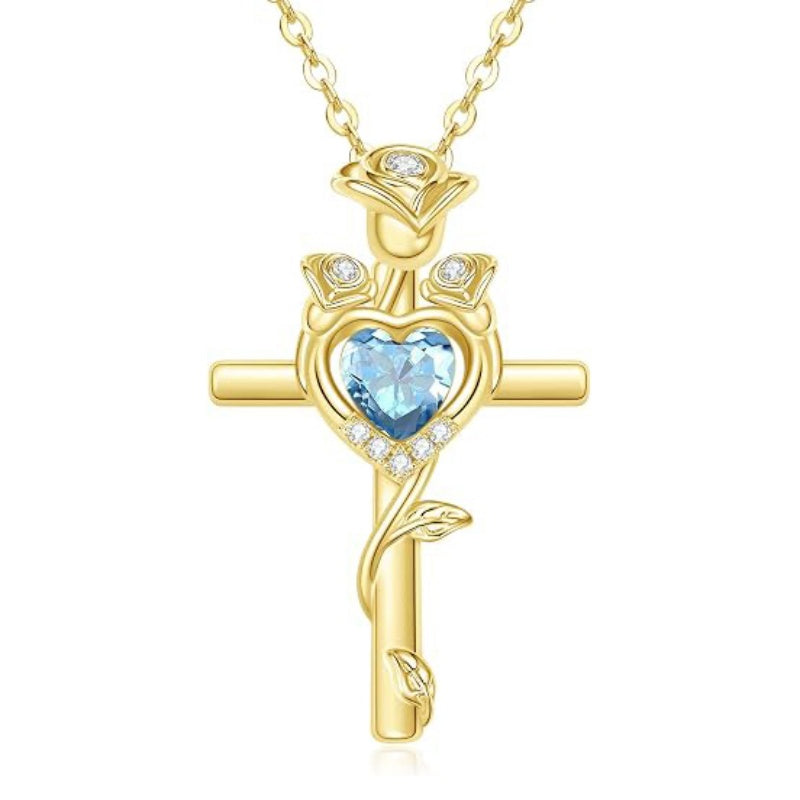 14K Gold Plated Birthstone Rose Cross Necklace for Women Faith Jewelry Gift