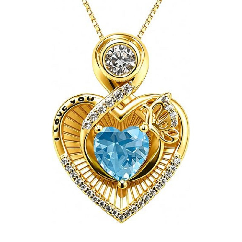 14K Gold Plated  Heart Birthstone Butterfly Necklace Engraved with  I Love You