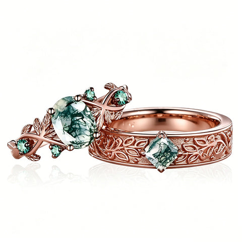 Sterling Silver 10K 14K 18K Gold Natural Leaf  Moss Agate Engagement Anniversary Couple Ring Sets