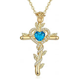 14K Gold Plated Heart Birthstone Rose Cross  Pendant Necklace  Religious Christian Jewelry for Women