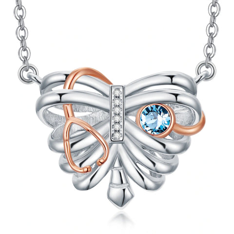 Sterling Silver Heart Rib Cage&Doctor Nurse  Stethoscope Medicine Themed Pendant Necklace