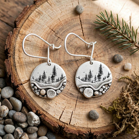 Sterling Silver Trail Mini Forest Pebble Wildflower Dangle Earrings