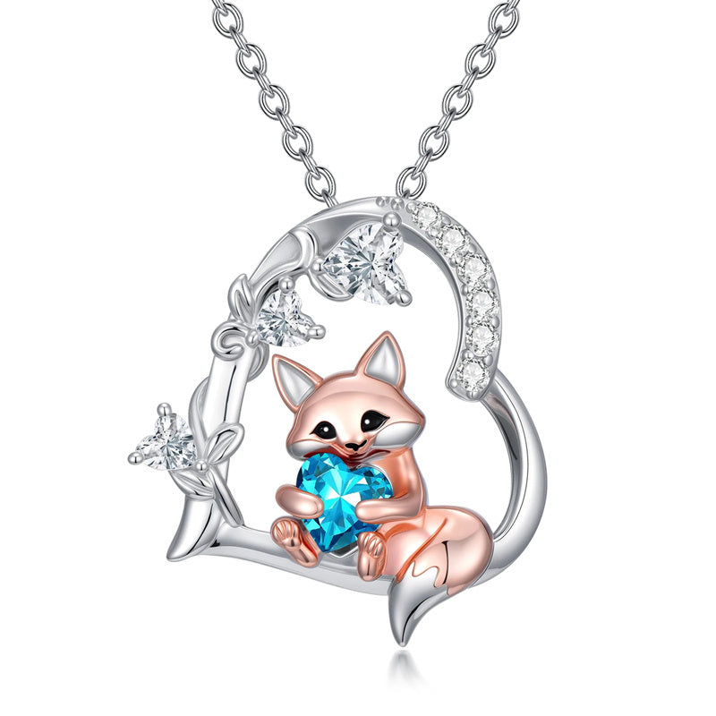 Sterling Silver Heart Birthstone Fox Pendant Necklace