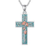 Sterling Silver Turquoise Personalized Engraved 12 Month Birth Flower Cross Pendant Necklace