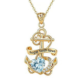 14K Gold Plated Heart Birthstone Anchor Necklace Engraved with Hope Faith Love