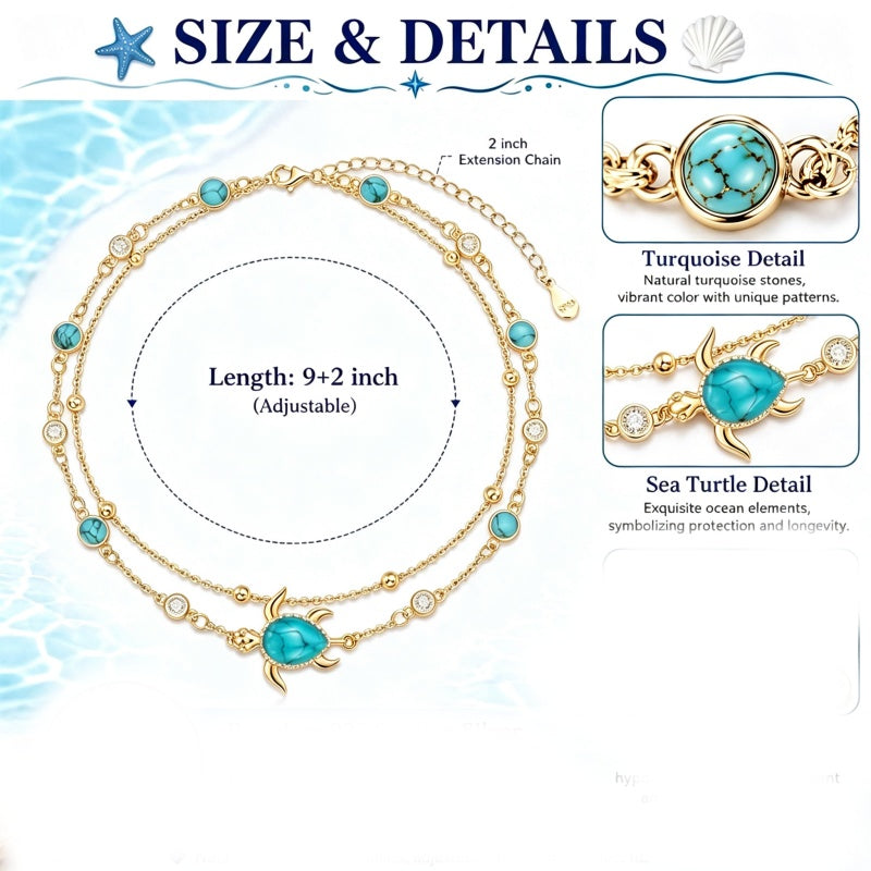 14K Gold Plated Turquoise Turtle Starfish Ocean Double Layered Anklet