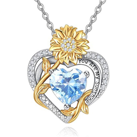 Sterling Sliver Birthstone Love Heart & Sunflower Pendant Necklace Engraved With You Are My Sunshine