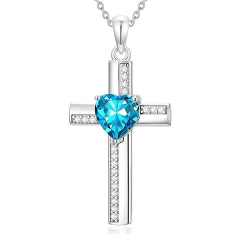 Sterling Silver 12 Birthstones Cross Religious Necklace for Women