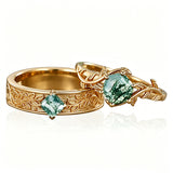 Sterling Silver 10K 14K 18K Gold Natural Leaf  Moss Agate Engagement Anniversary Couple Ring Sets