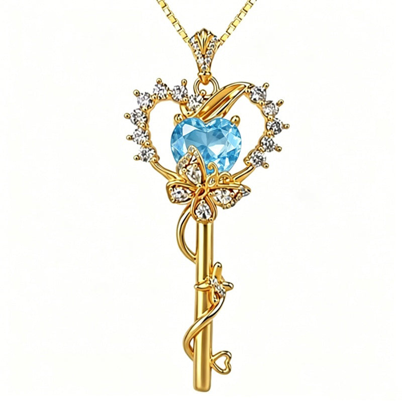 Birthstone Infinity Heart 14K Gold Plated Butterfly Key Pendant Necklace Gift for Her