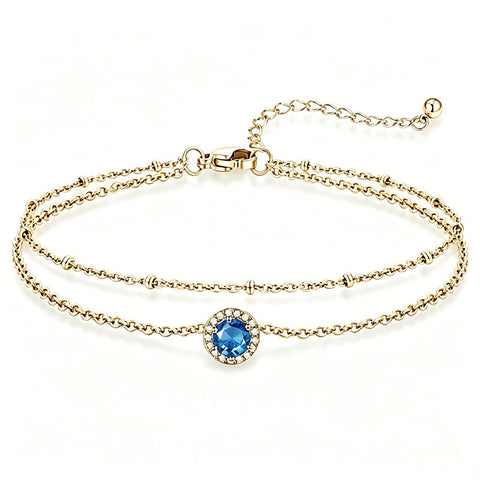 Sterling Silver Birthstone Double Layer Anklet for Beach Weddings, Summer Vacations & Pool Parties