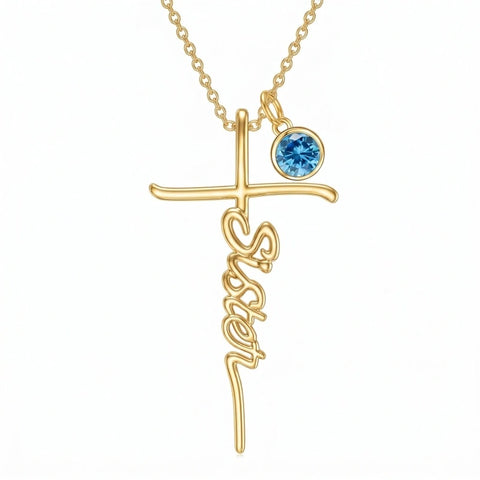 14K Gold Plated Birthstone Sister Cross  Pendant Necklace