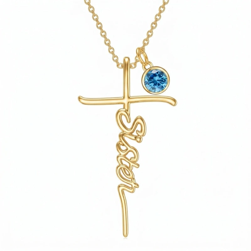 14K Gold Plated Birthstone Sister Cross  Pendant Necklace