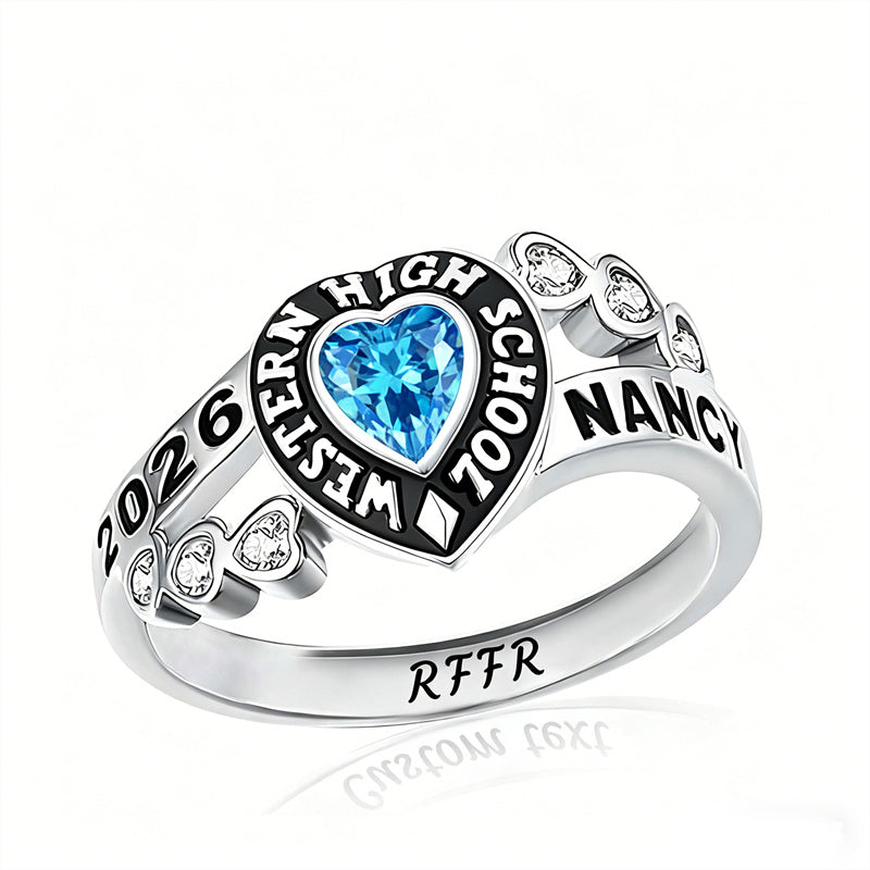 Sterling Silver Personalized Birthstone Engraved Class Rings for Women, College Senior High School Ring