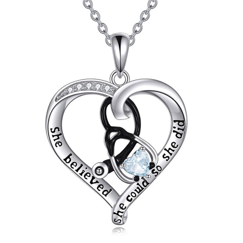 10K 14K 18K Gold Birthstone Caduceus & Stethoscope Pendant Necklace